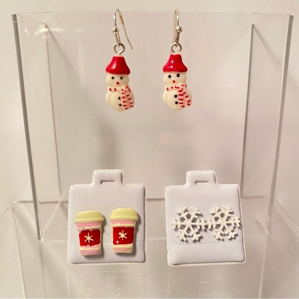 Snowman/ Hot Cocoa Cup Studs/ Shimmer Snow Flake Studs Pierced Earrings
